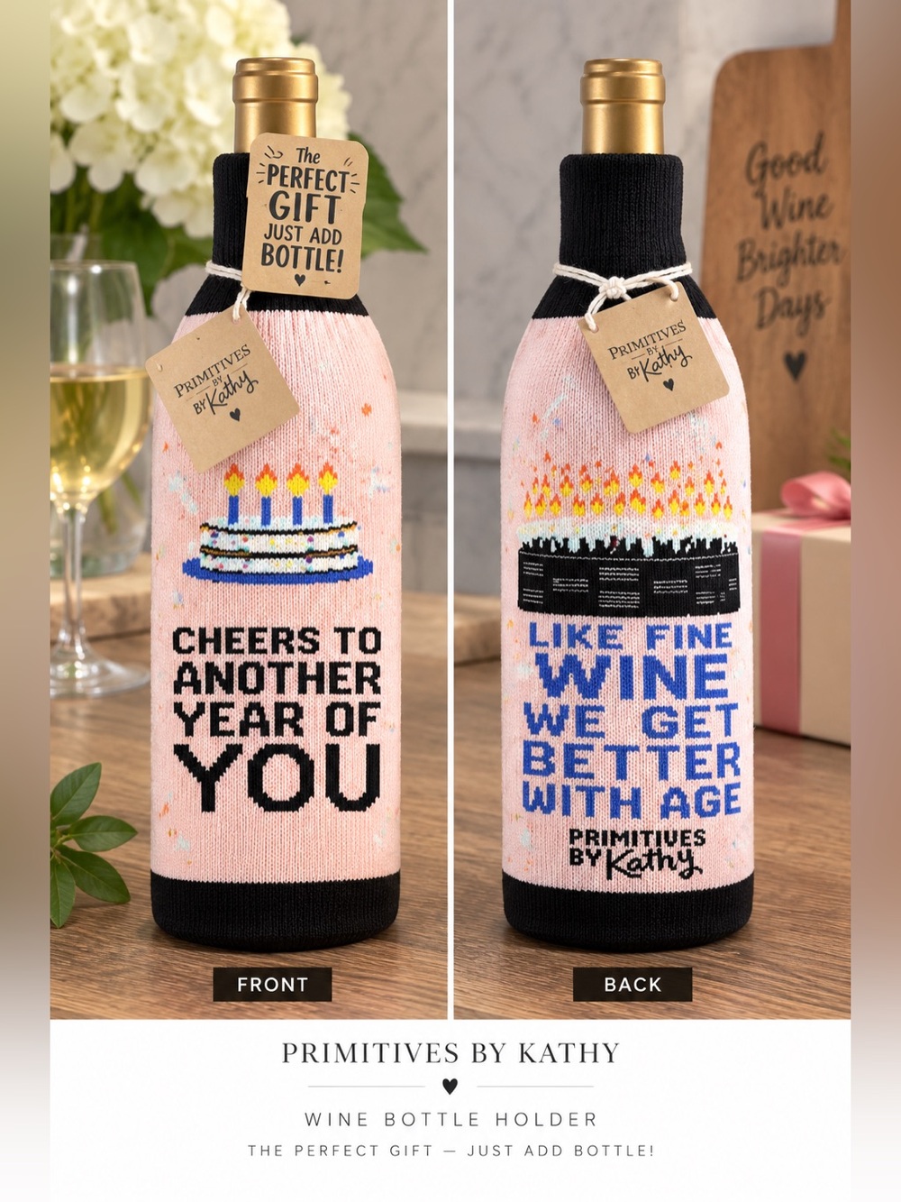 Primitives by Kathy Wine Bottle Holder Birthday Cheers Better With Age Gift